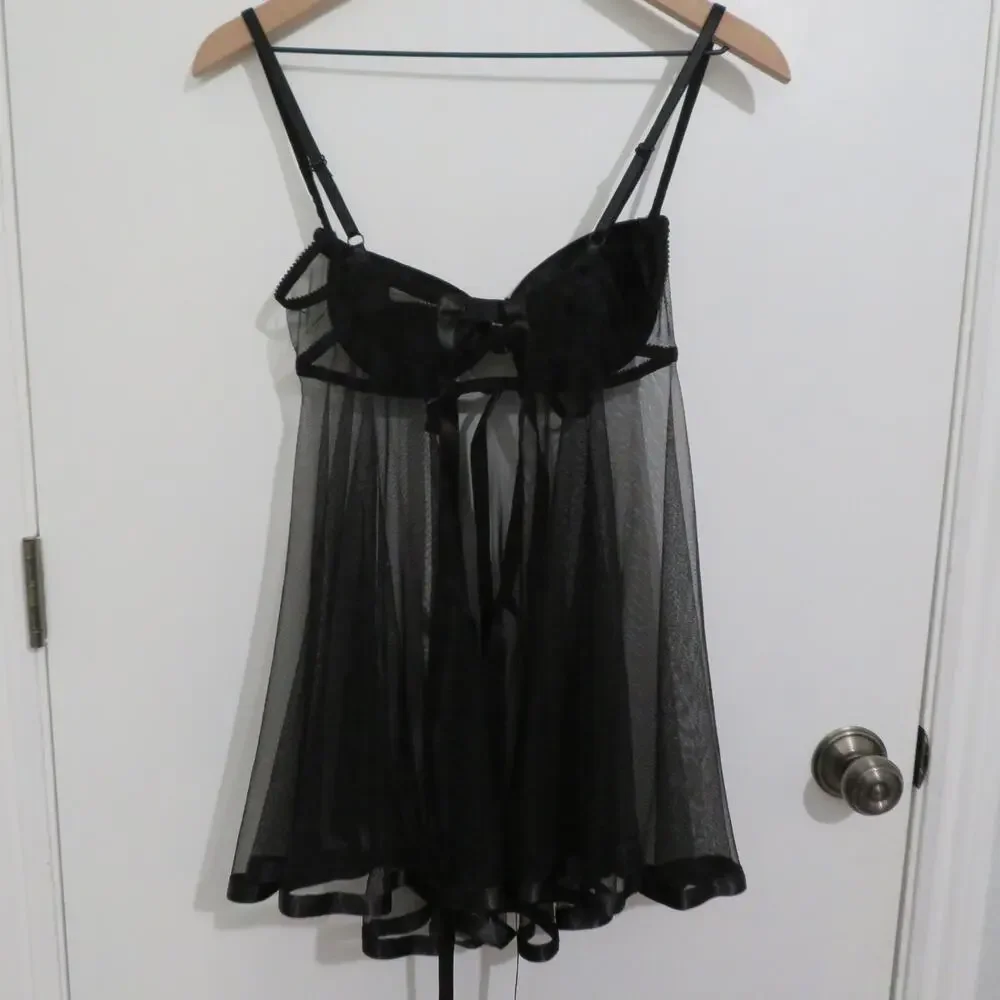 Victoria's Secret Women Sz 34B Black Vintage Y2K Sheer Open Front Flowy Nightie